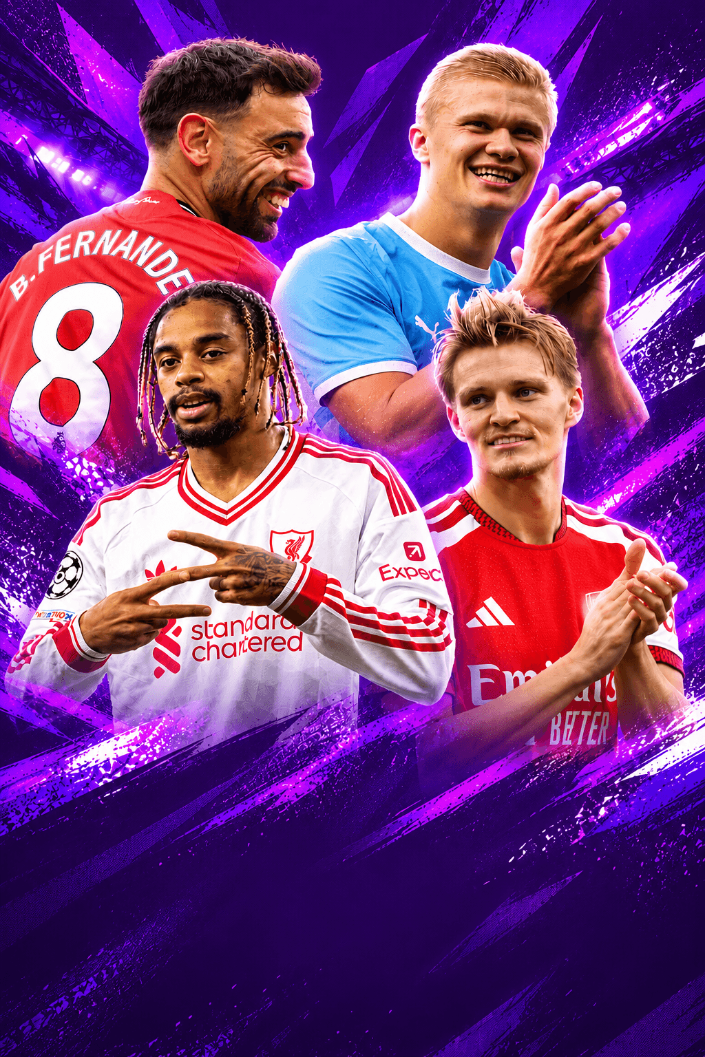 Premier League players in purple brush-stroke artwork