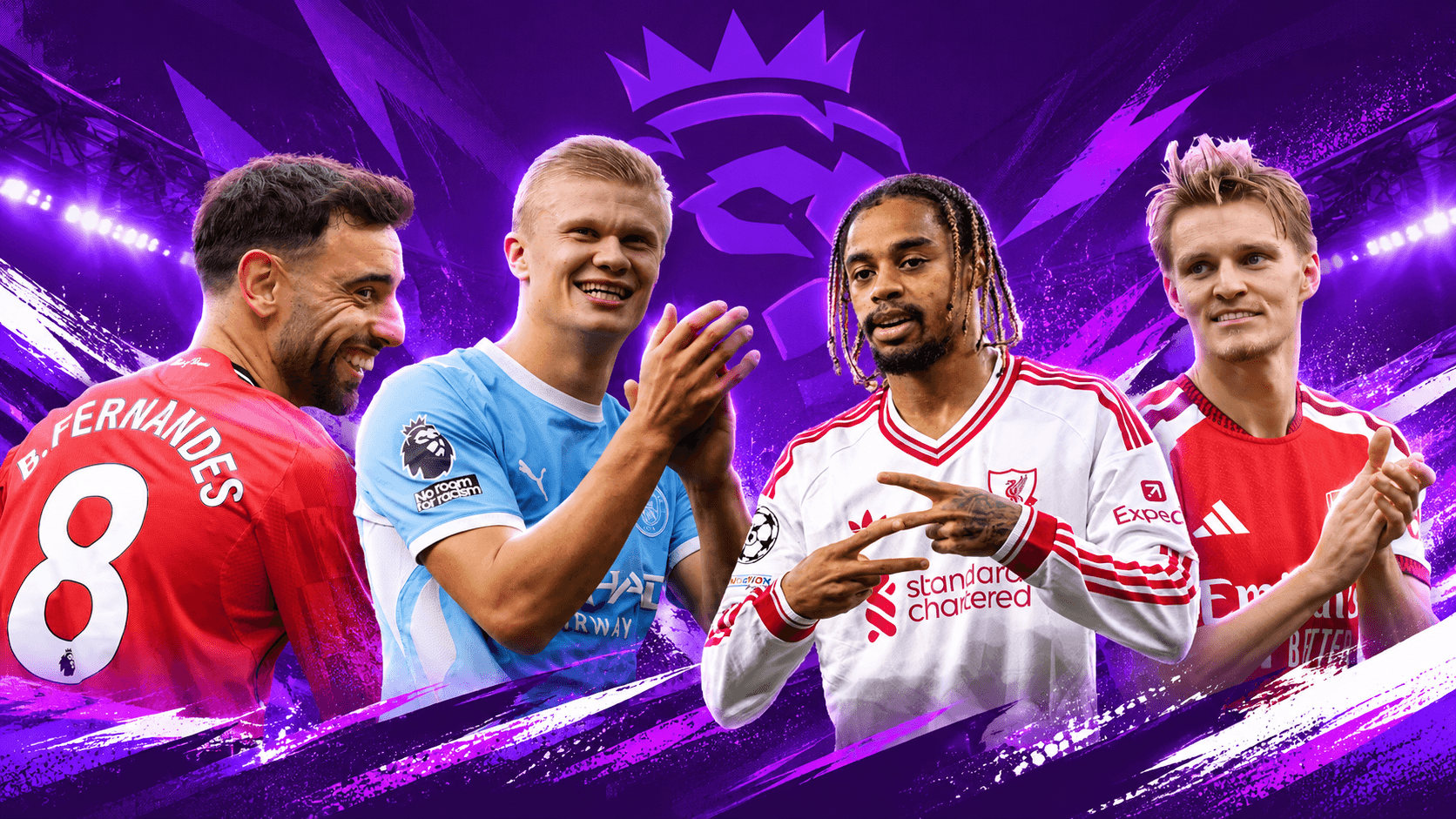 Premier League players in purple brush-stroke artwork